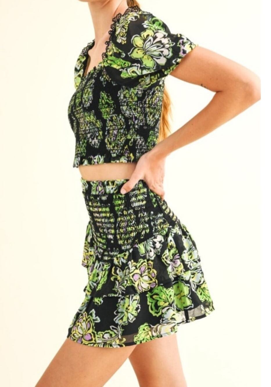 RESET by Jane two piece set smocked skirt green black floral small $145 NEW